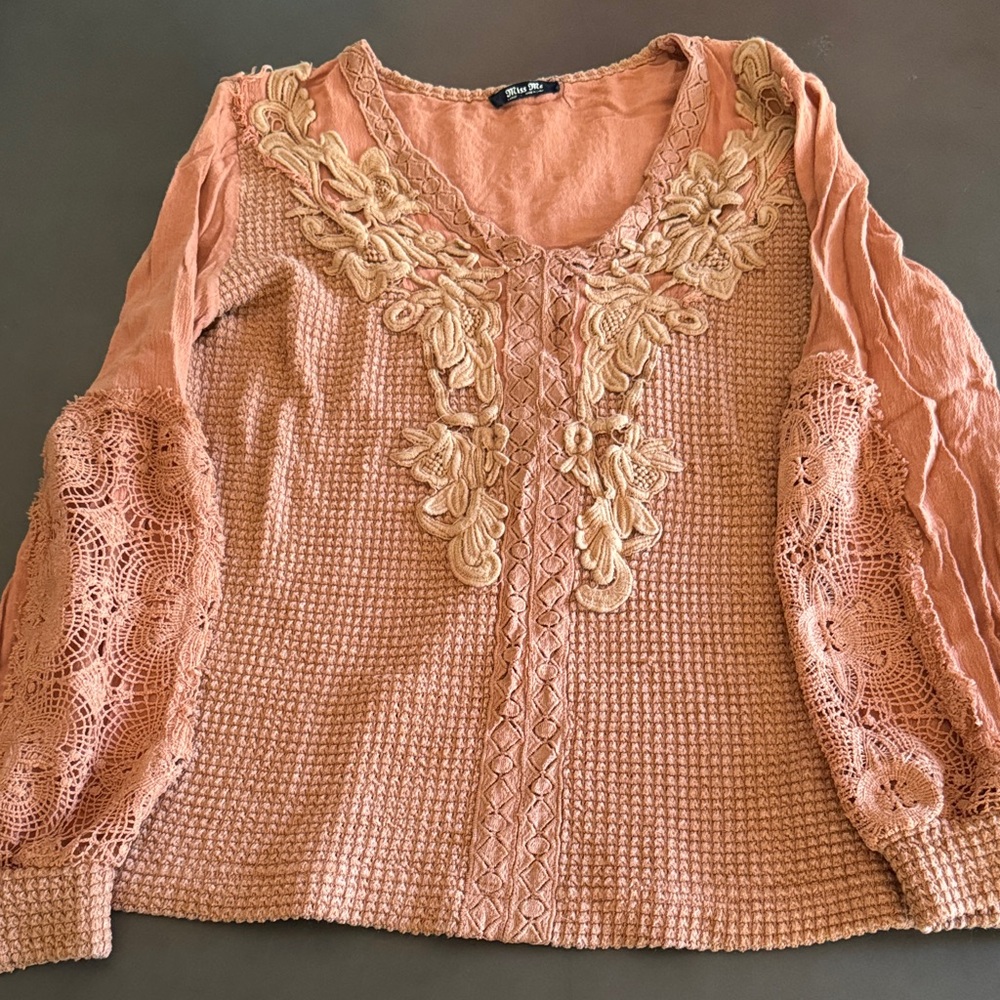 Miss Me Peach Embroidered Blouse